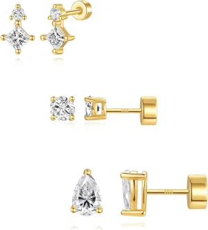 Angelady Flat Back Earrings Set for Women, 14K Gold Plated Flat Back Stud Earring Hypoallergenic, Sterling Silver Cartilage Earrings Helix Piercing Jewelry for Women