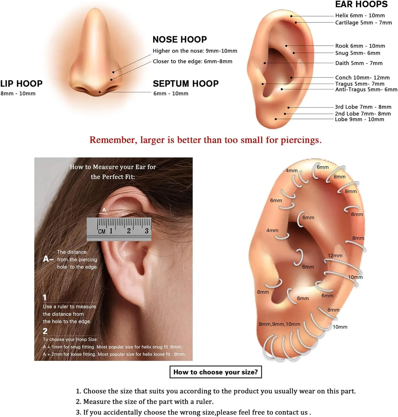 AROWRO Helix Rook Lobe Earrings 16G 8mm 10mm 316L Surgical Steel 3Pcs Double Triple Open Stack Sleeper Earring Daith Cartilage Tragus Piercing Jewelry Septum Clicker