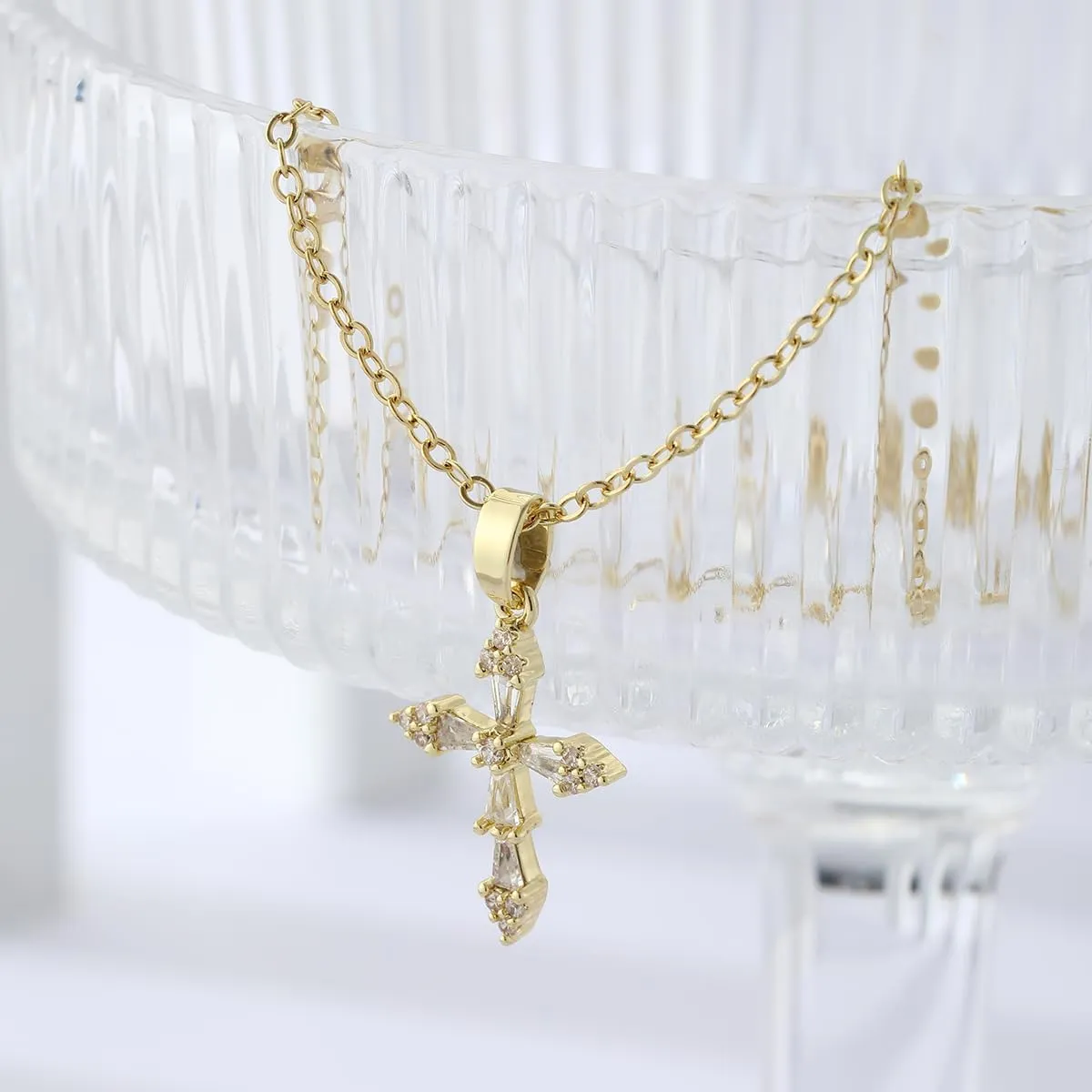 ASCOMY Cross Necklace for Women 14K Gold & Silver Plated Cross Necklace Trendy Cross Pendant Necklace Cubic Zirconia Cross Box Chain Pearl Beads Link Choker Minimalist Daily Jewelry Gift for Women