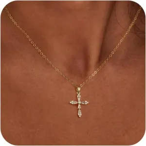 ASCOMY Cross Necklace for Women 14K Gold & Silver Plated Cross Necklace Trendy Cross Pendant Necklace Cubic Zirconia Cross Box Chain Pearl Beads Link Choker Minimalist Daily Jewelry Gift for Women
