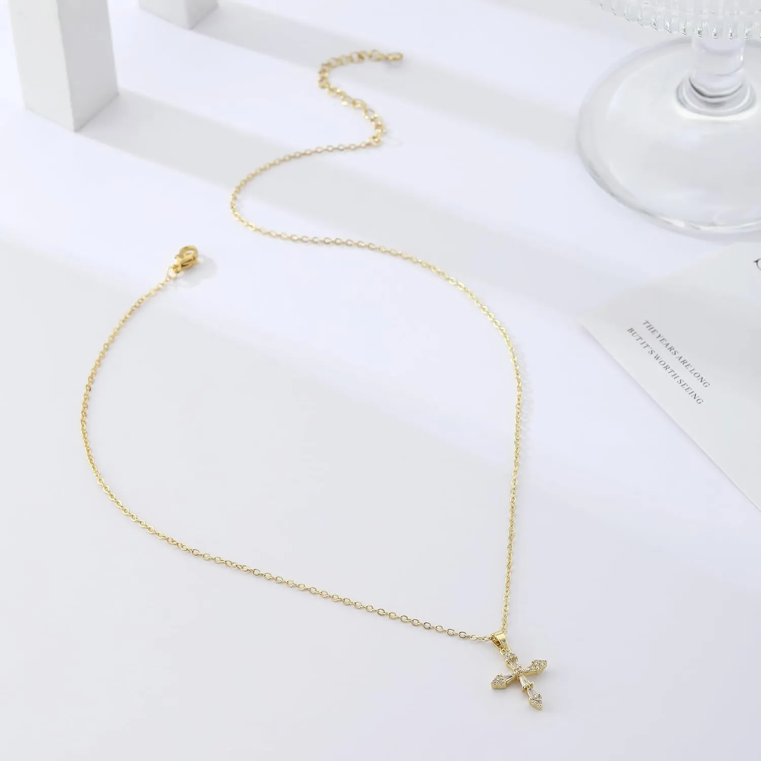 ASCOMY Cross Necklace for Women 14K Gold & Silver Plated Cross Necklace Trendy Cross Pendant Necklace Cubic Zirconia Cross Box Chain Pearl Beads Link Choker Minimalist Daily Jewelry Gift for Women