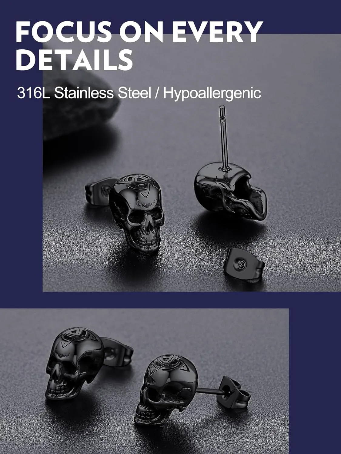 Bandmax Skull Earrings for Men Women Stainless Steel Skeleton Skull Head Hoop Earrings Stud Earrings Punk Gothic Earrings Halloween Jewelry