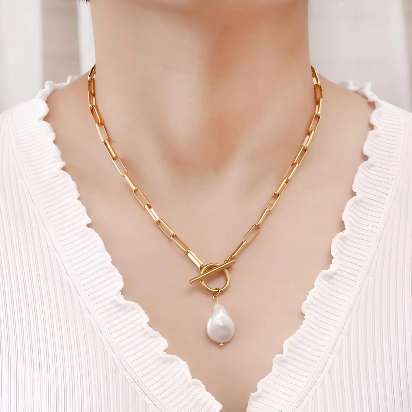 Baroque Silvery Freshwater Pearl Long Pendant Necklace Paperclip Toggle Drop Stainless Steel Necklace For Women