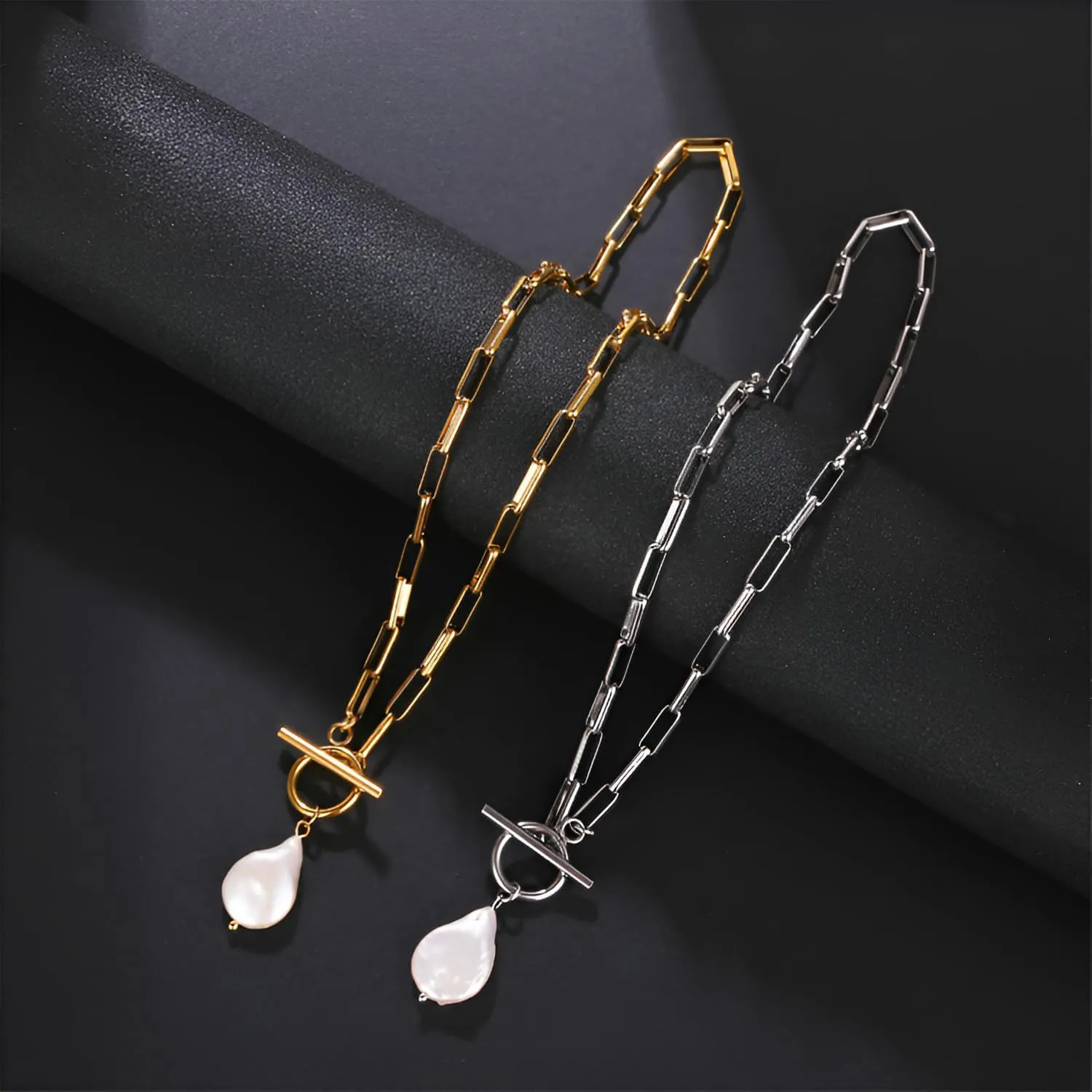 Baroque Silvery Freshwater Pearl Long Pendant Necklace Paperclip Toggle Drop Stainless Steel Necklace For Women