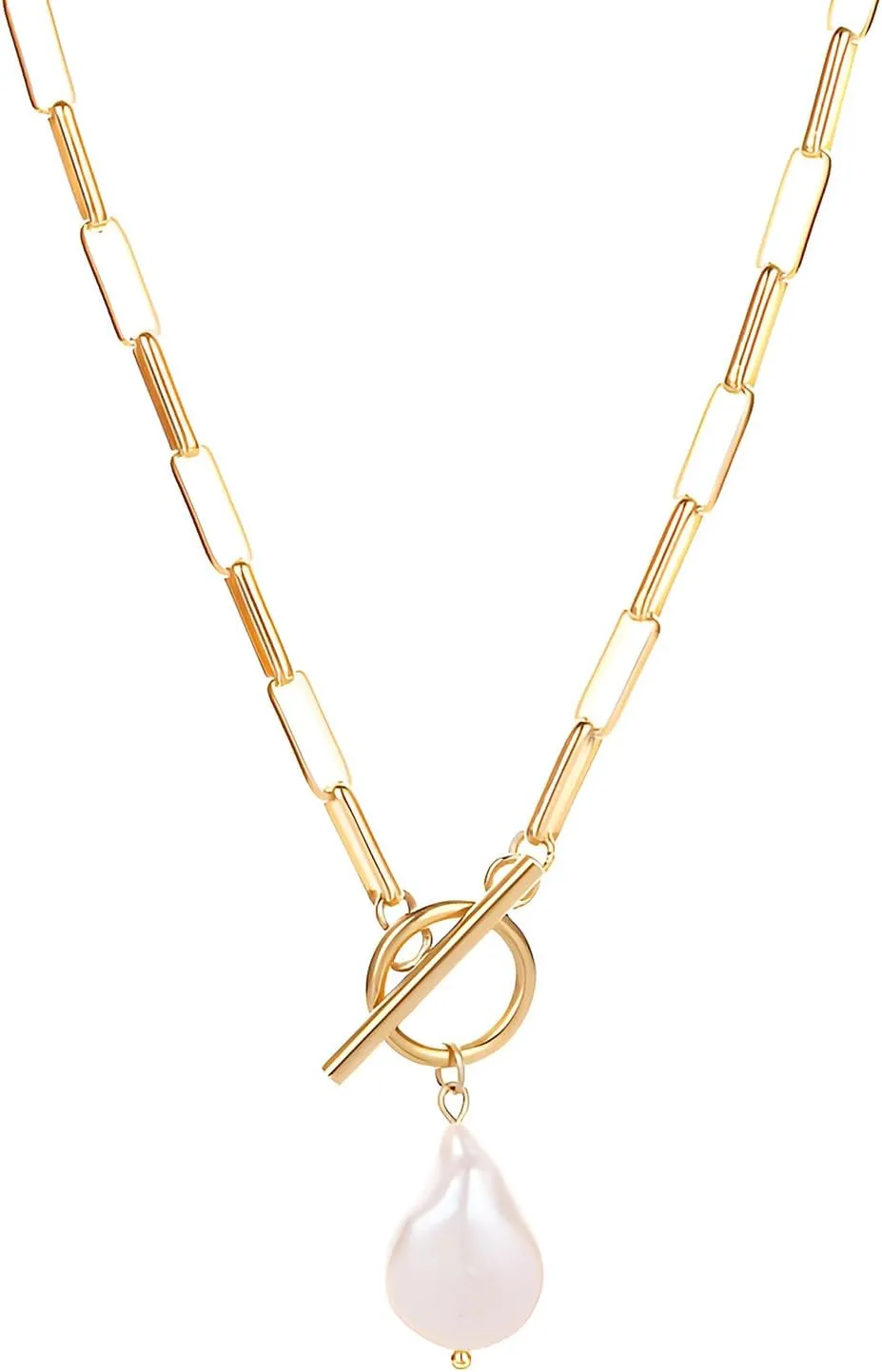 Baroque Silvery Freshwater Pearl Long Pendant Necklace Paperclip Toggle Drop Stainless Steel Necklace For Women