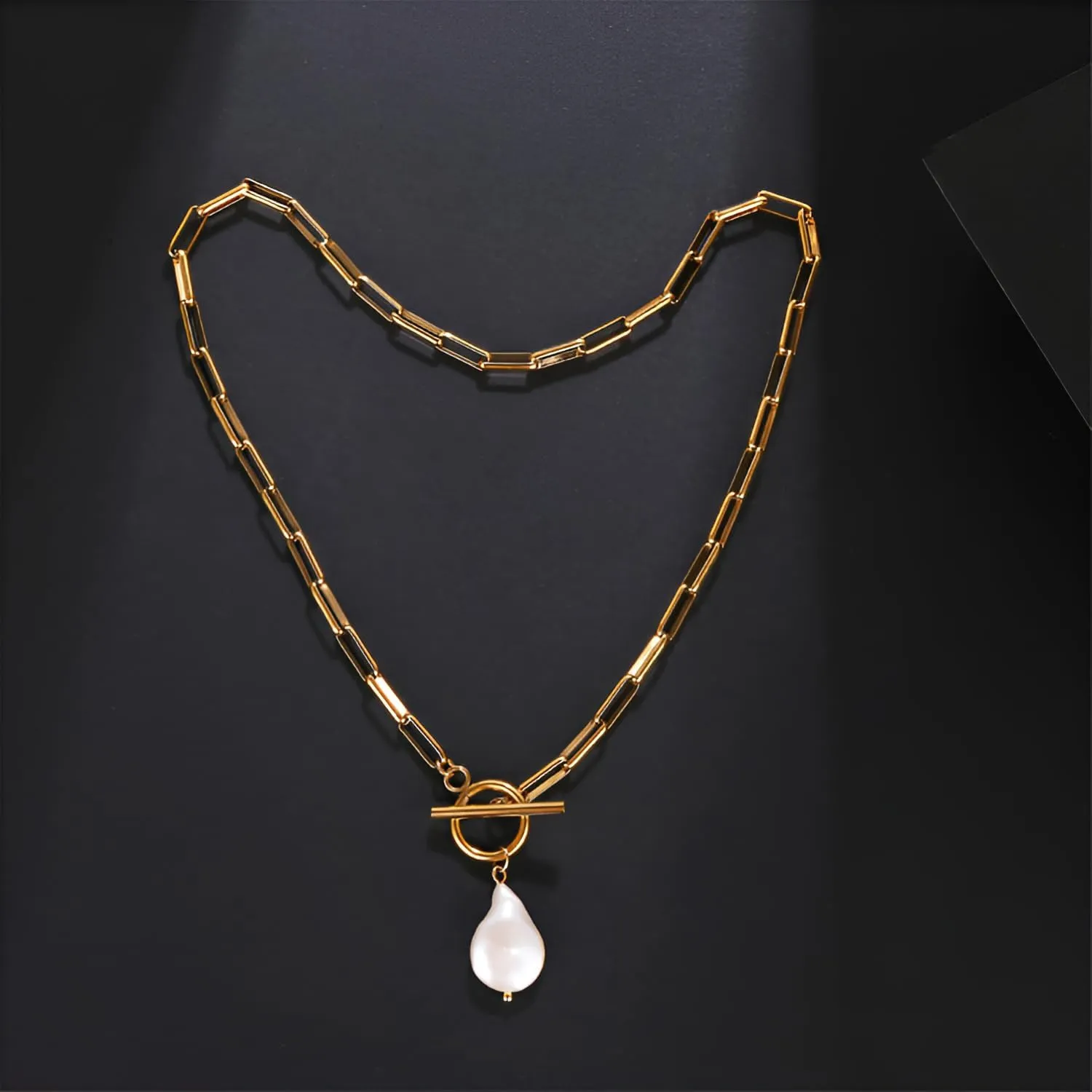 Baroque Silvery Freshwater Pearl Long Pendant Necklace Paperclip Toggle Drop Stainless Steel Necklace For Women