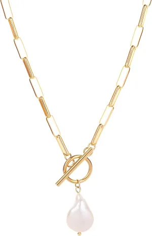 Baroque Silvery Freshwater Pearl Long Pendant Necklace Paperclip Toggle Drop Stainless Steel Necklace For Women
