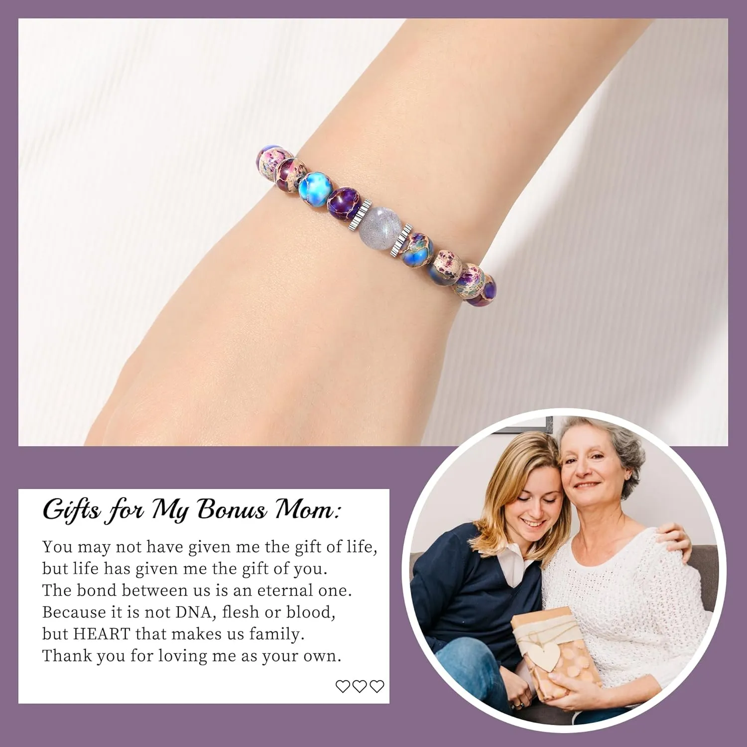 Beaded Bracelets Moonstone Bracelet Healing Stone Bead Bracelet Handmade Bracelets Purple Birthday Gifts for Women Bonus Mom Stepmom Her