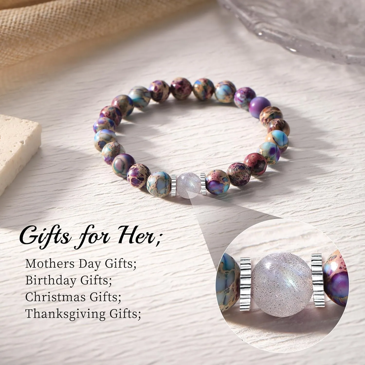Beaded Bracelets Moonstone Bracelet Healing Stone Bead Bracelet Handmade Bracelets Purple Birthday Gifts for Women Bonus Mom Stepmom Her