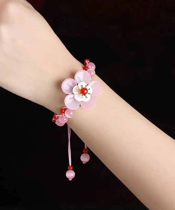 Beautiful Light Pink Coloured Glaze Shell Flower Cat's Eye Garnet Charm Bracelet ML0657