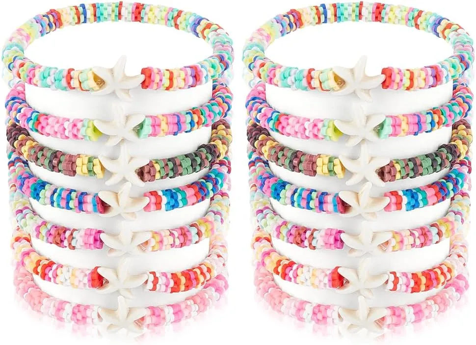 BENECREAT 14 Pcs 7 Color Polymer Clay Stretch Bracelets, Flower & Starfish Layering Bracelet, Summer Beach Bracelet, Stackable Beaded Friendship Bracelets, Inner Diameter: 3.35 inches
