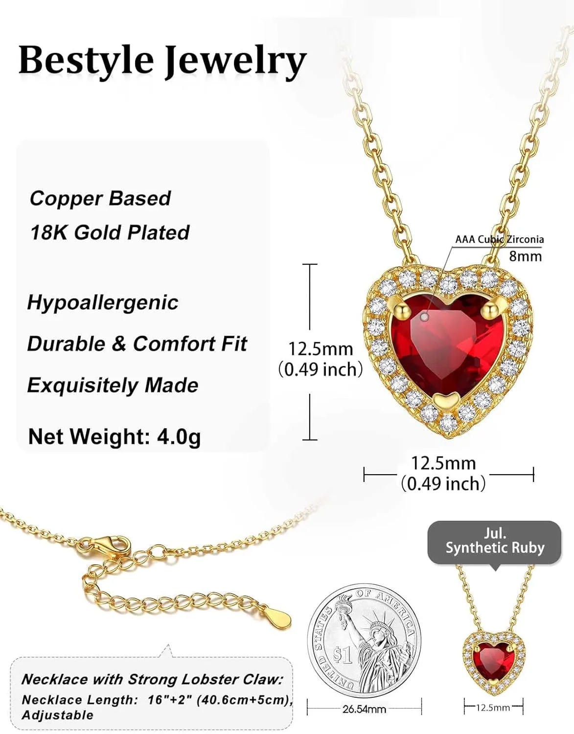 Bestyle Gold Necklace for Women Gold Birthstone Necklaces for Mom Wife Her Valentines Anniversary Mother's Day Birthday Gift, Created Gemstone Gold Chain Choker Necklace Birthstone Jewelry
