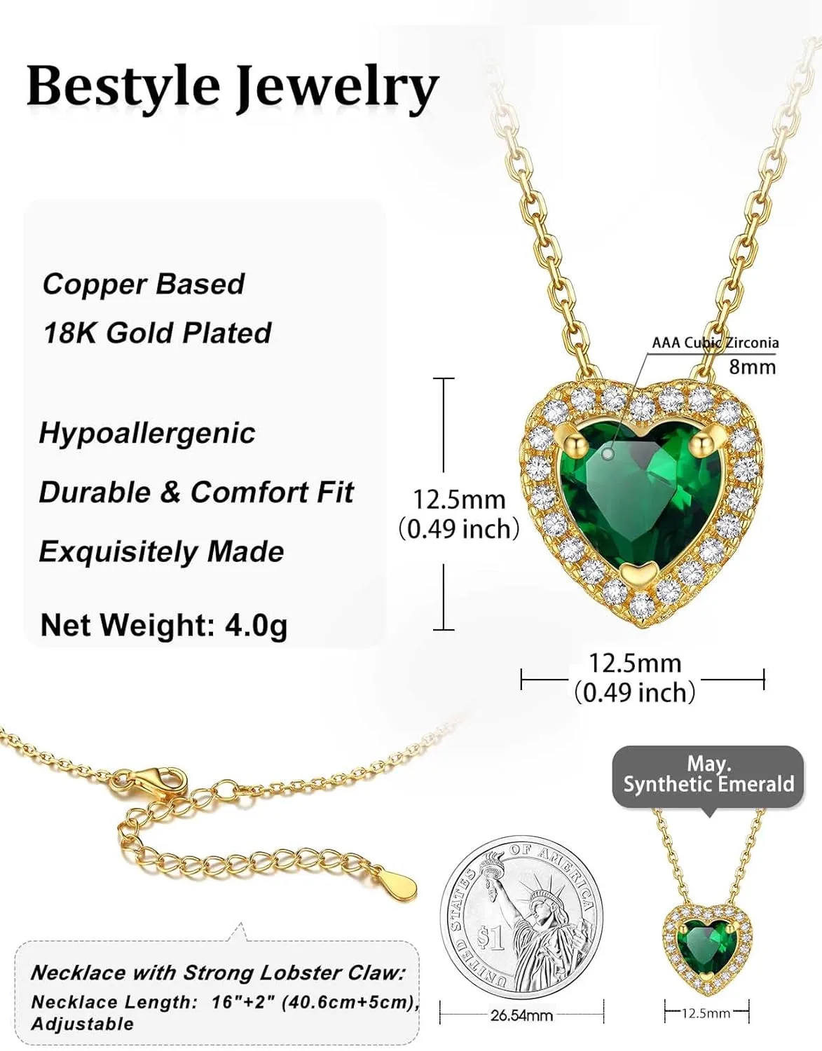 Bestyle Gold Necklace for Women Gold Birthstone Necklaces for Mom Wife Her Valentines Anniversary Mother's Day Birthday Gift, Created Gemstone Gold Chain Choker Necklace Birthstone Jewelry