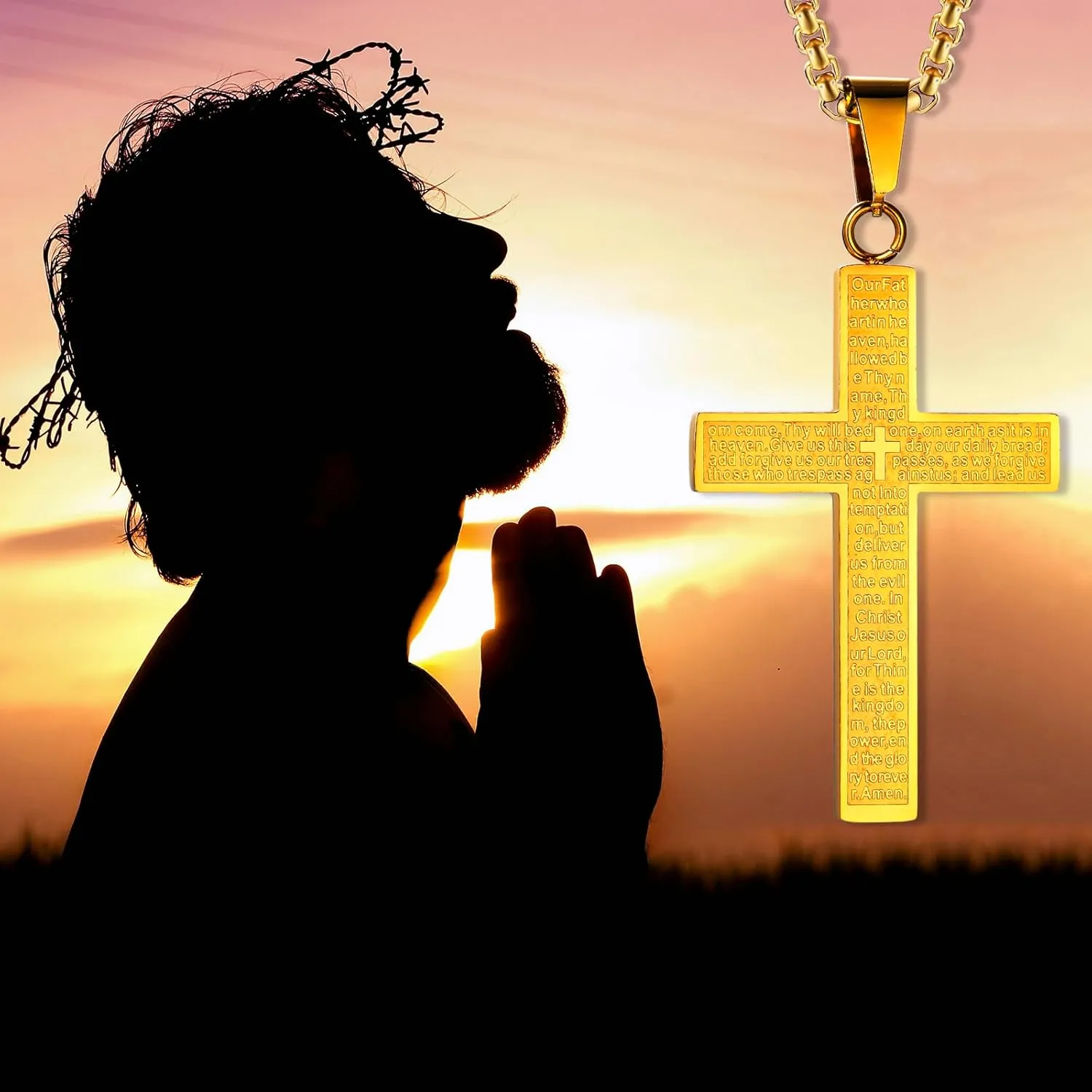 Bible Cross Necklace Touchable Bible Text Pendant Cross Bible Verse Jewelry Lord's Prayer Pendant 3D Relief Text Crucifix Stainless Steel Religious Christian Faith Gifts for Men Women