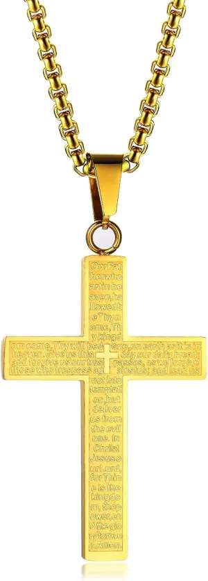 Bible Cross Necklace Touchable Bible Text Pendant Cross Bible Verse Jewelry Lord's Prayer Pendant 3D Relief Text Crucifix Stainless Steel Religious Christian Faith Gifts for Men Women