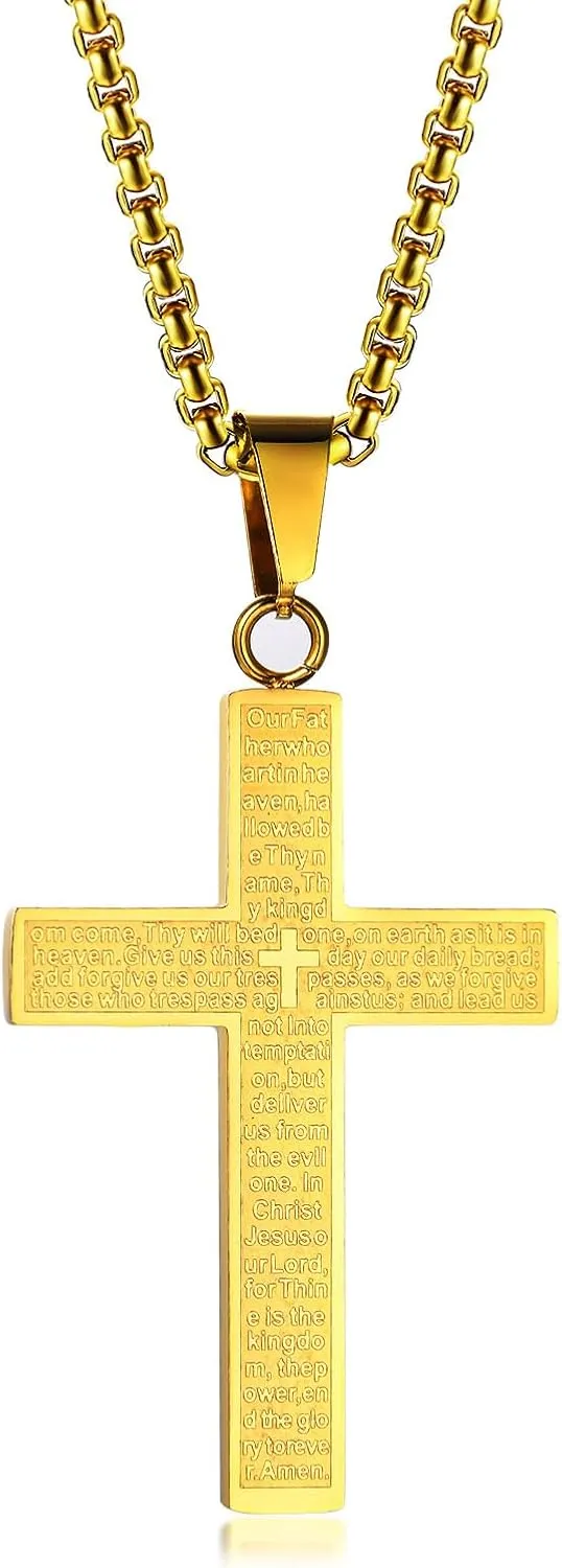 Bible Cross Necklace Touchable Bible Text Pendant Cross Bible Verse Jewelry Lord's Prayer Pendant 3D Relief Text Crucifix Stainless Steel Religious Christian Faith Gifts for Men Women
