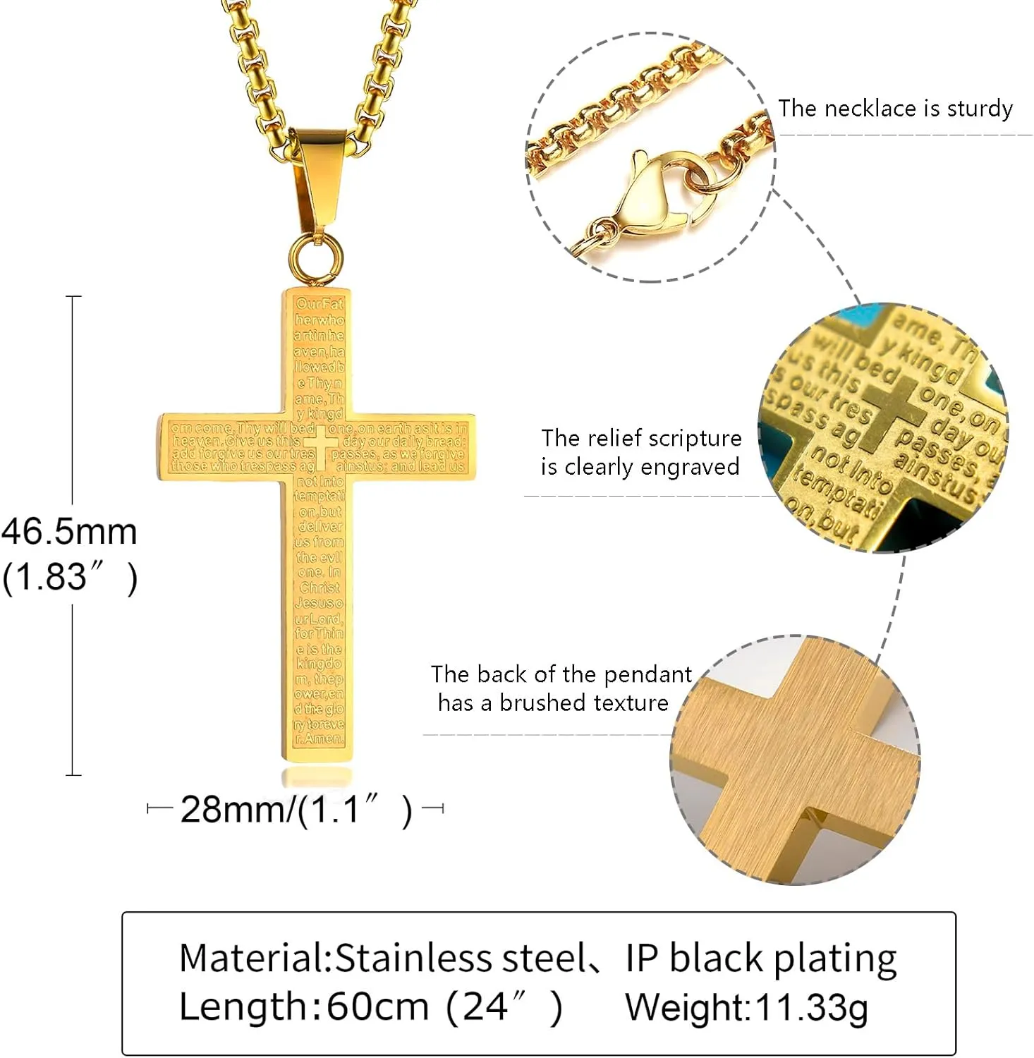 Bible Cross Necklace Touchable Bible Text Pendant Cross Bible Verse Jewelry Lord's Prayer Pendant 3D Relief Text Crucifix Stainless Steel Religious Christian Faith Gifts for Men Women