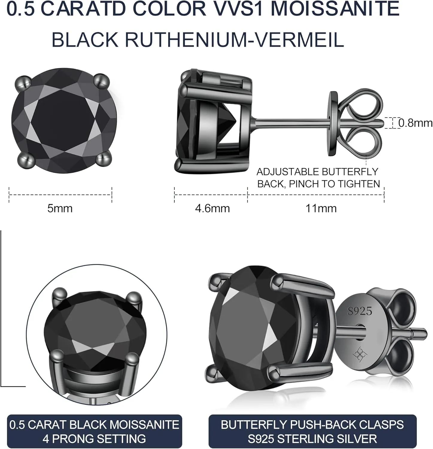 Black Moissanite Earrings for Men, Round Cut D Color VVS1 Clarity Lab Created Moissanite Earrings Studs S925 Sterling Silver Jewelry for Women Men
