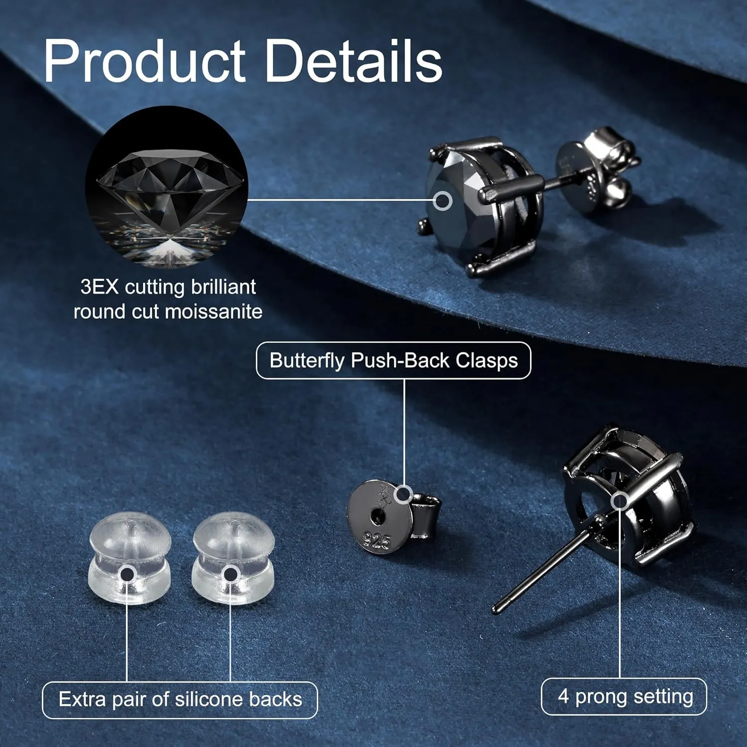 Black Moissanite Earrings for Men, Round Cut D Color VVS1 Clarity Lab Created Moissanite Earrings Studs S925 Sterling Silver Jewelry for Women Men