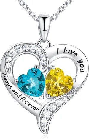BlingGem Heart Necklaces for Women 925 Sterling Silver Birthstone Necklace for Women With 2 Birthstones Womens Jewelry Customized Pendant Necklace Gifts For Women Wife Mom