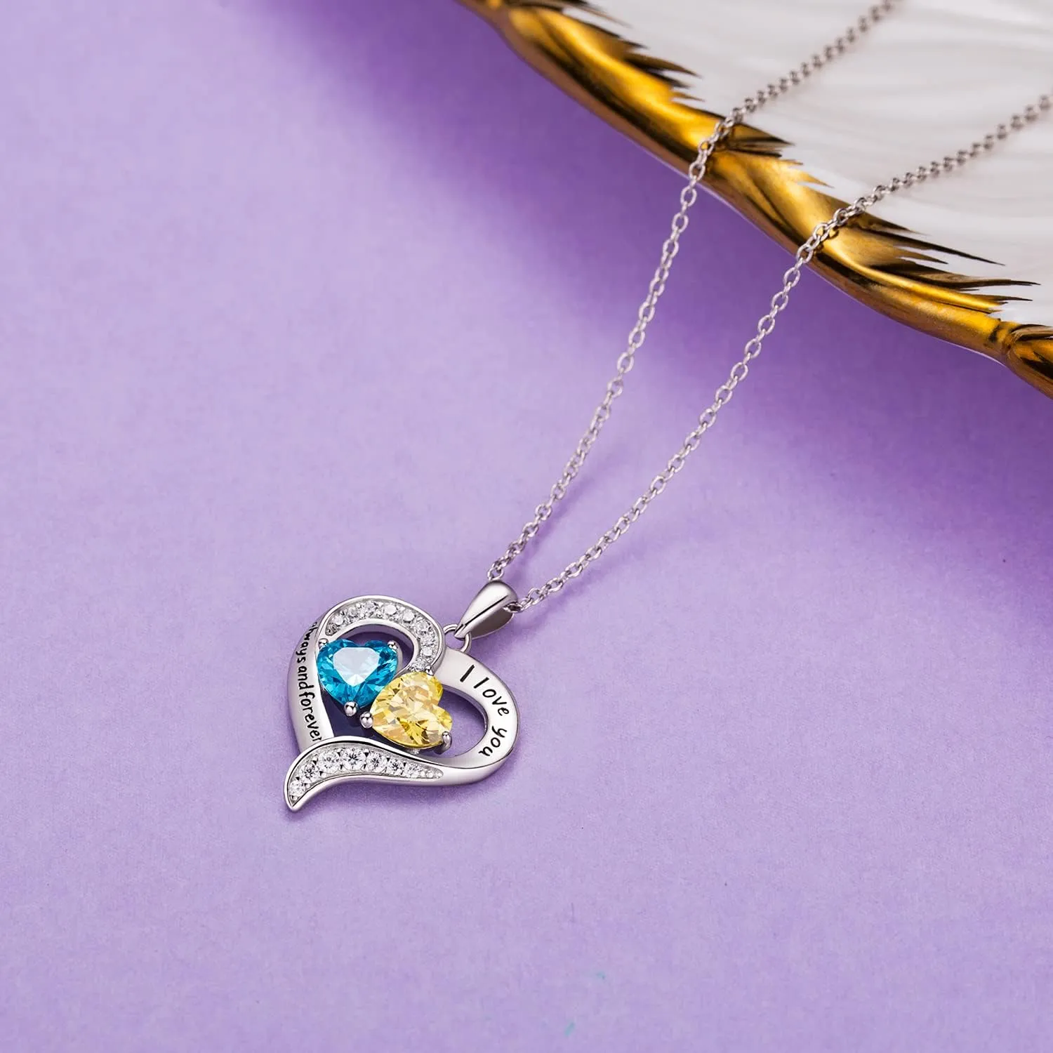 BlingGem Heart Necklaces for Women 925 Sterling Silver Birthstone Necklace for Women With 2 Birthstones Womens Jewelry Customized Pendant Necklace Gifts For Women Wife Mom
