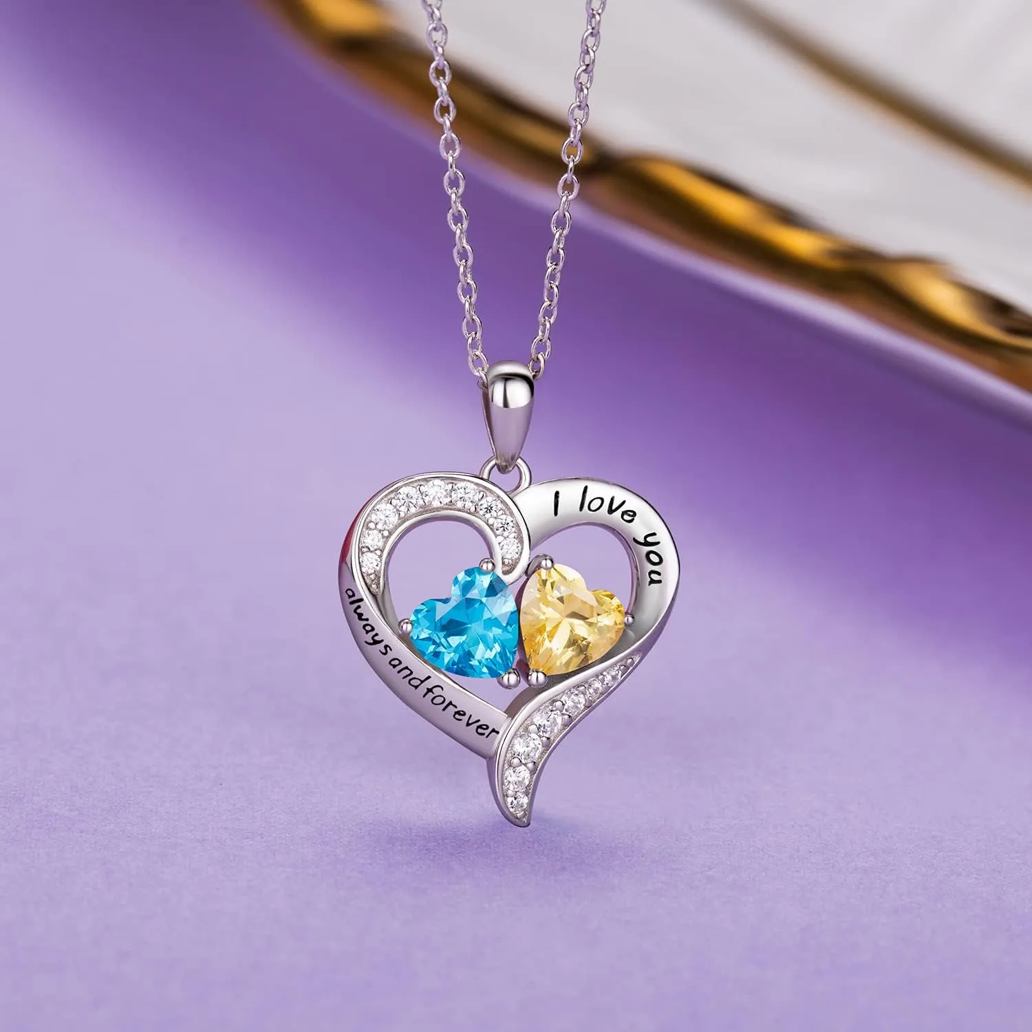 BlingGem Heart Necklaces for Women 925 Sterling Silver Birthstone Necklace for Women With 2 Birthstones Womens Jewelry Customized Pendant Necklace Gifts For Women Wife Mom