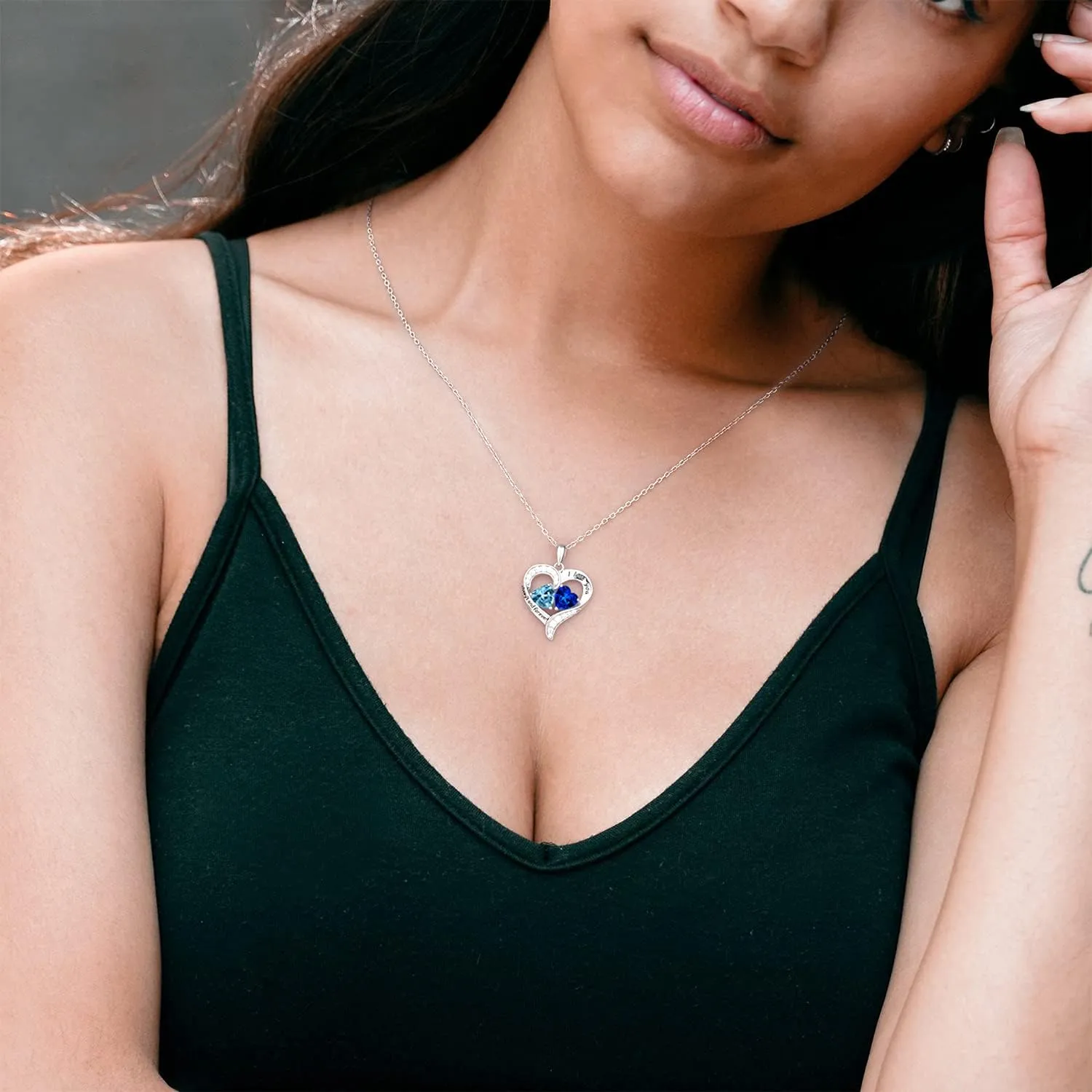 BlingGem Heart Necklaces for Women 925 Sterling Silver Birthstone Necklace for Women With 2 Birthstones Womens Jewelry Customized Pendant Necklace Gifts For Women Wife Mom