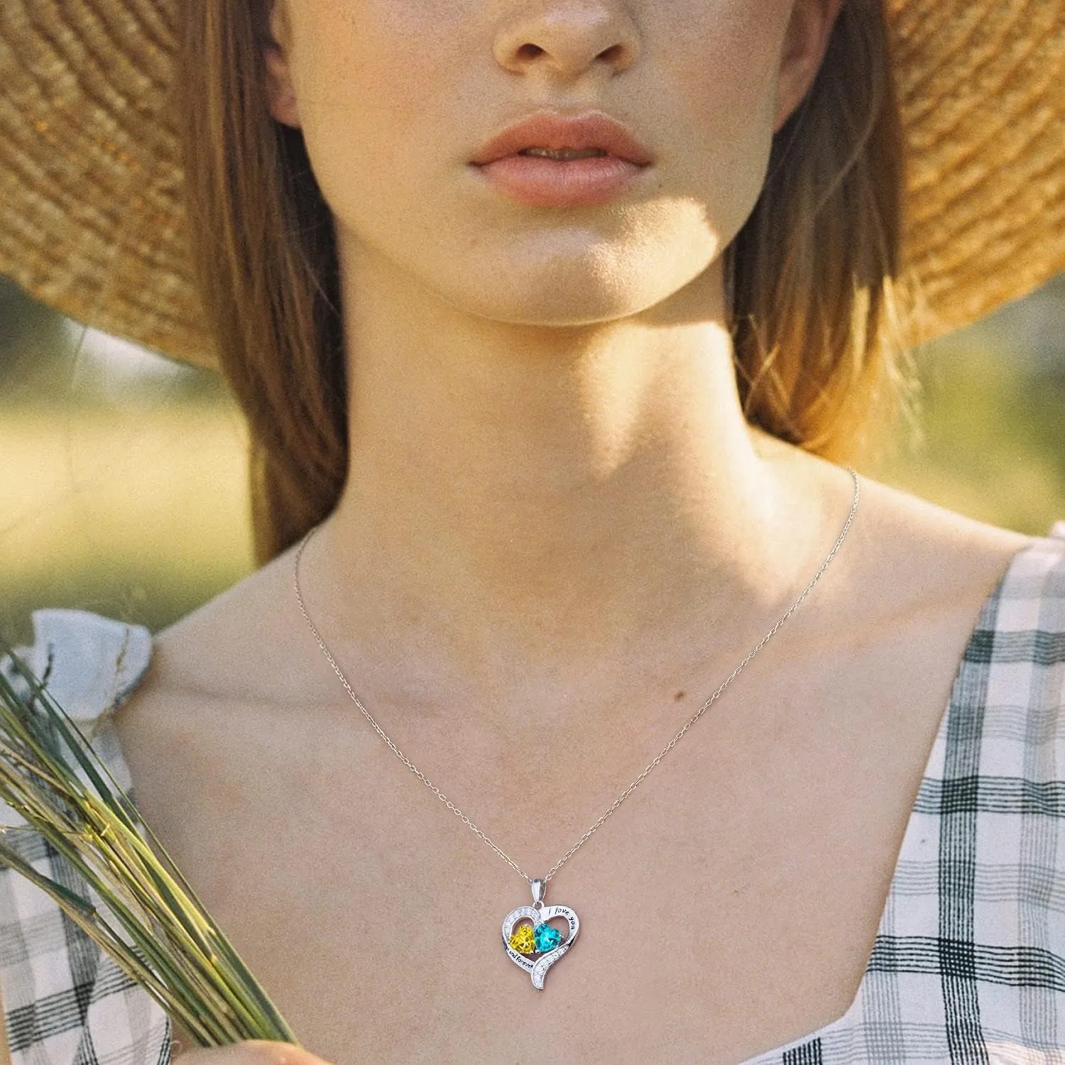 BlingGem Heart Necklaces for Women 925 Sterling Silver Birthstone Necklace for Women With 2 Birthstones Womens Jewelry Customized Pendant Necklace Gifts For Women Wife Mom