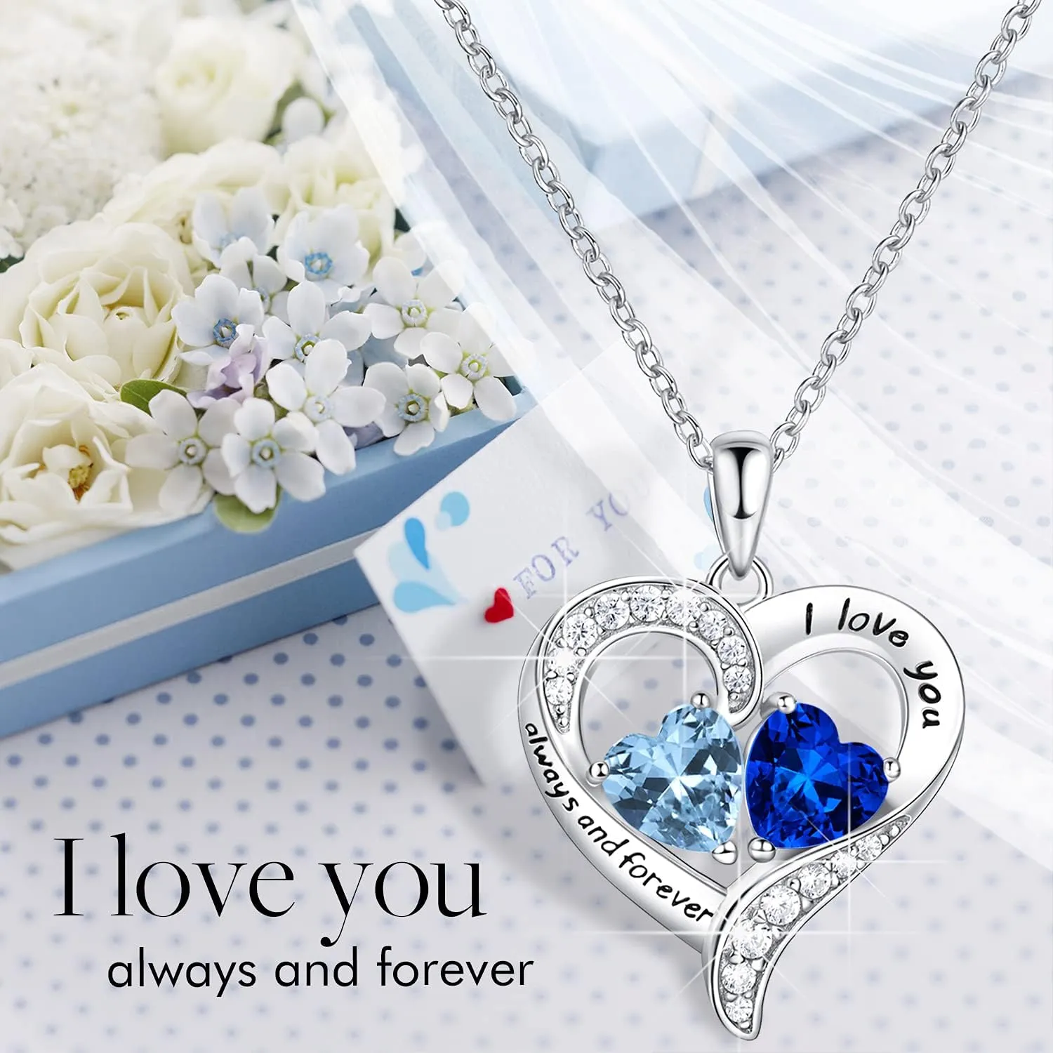 BlingGem Heart Necklaces for Women 925 Sterling Silver Birthstone Necklace for Women With 2 Birthstones Womens Jewelry Customized Pendant Necklace Gifts For Women Wife Mom