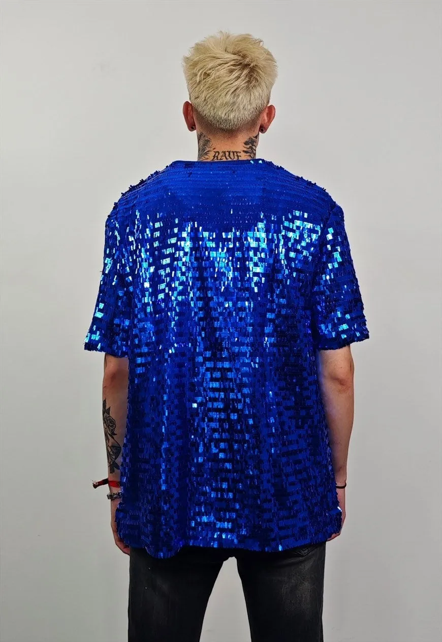 Blue sequin top embellished luxury embroidered party t-shirt