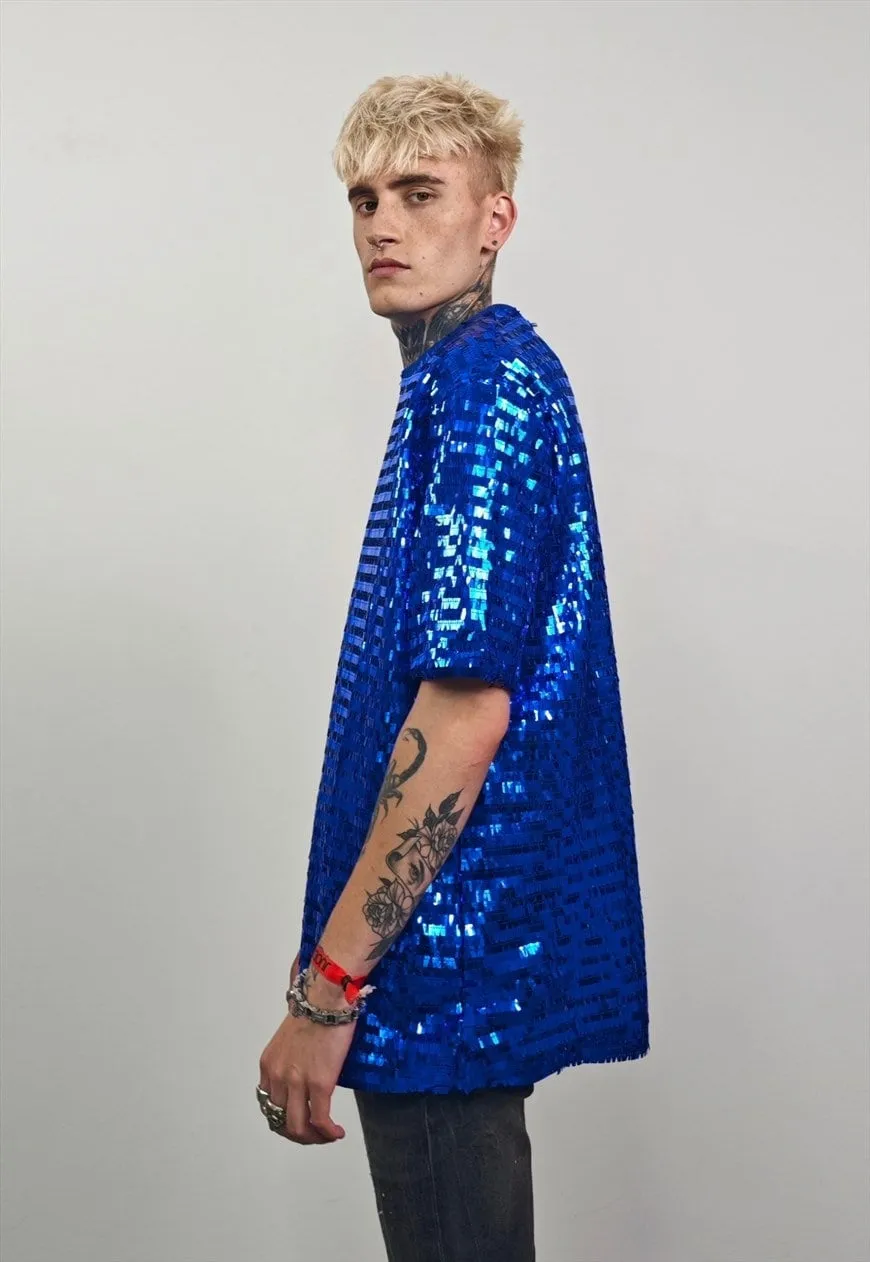 Blue sequin top embellished luxury embroidered party t-shirt