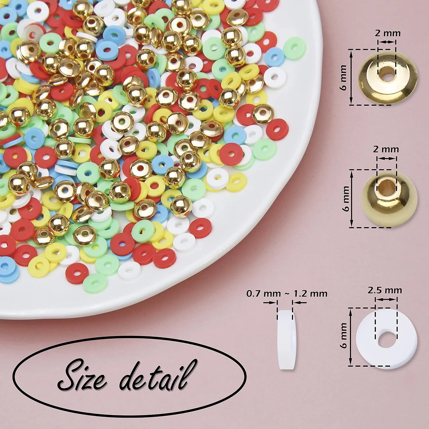 Bocar 6mm 10 Strands Clay Beads Kit Vinyl Flat Handmade Polymer Clay Beads with 2 Strands Alloy Beads Spacer for Jewelry Making Necklace Bracelet Earrings Finding (CB-001-mix 5)