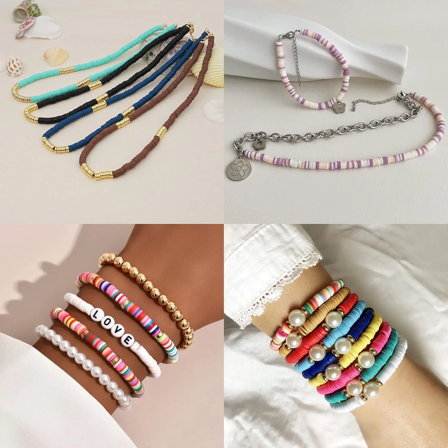 Bocar 6mm 10 Strands Clay Beads Kit Vinyl Flat Handmade Polymer Clay Beads with 2 Strands Alloy Beads Spacer for Jewelry Making Necklace Bracelet Earrings Finding (CB-001-mix 5)