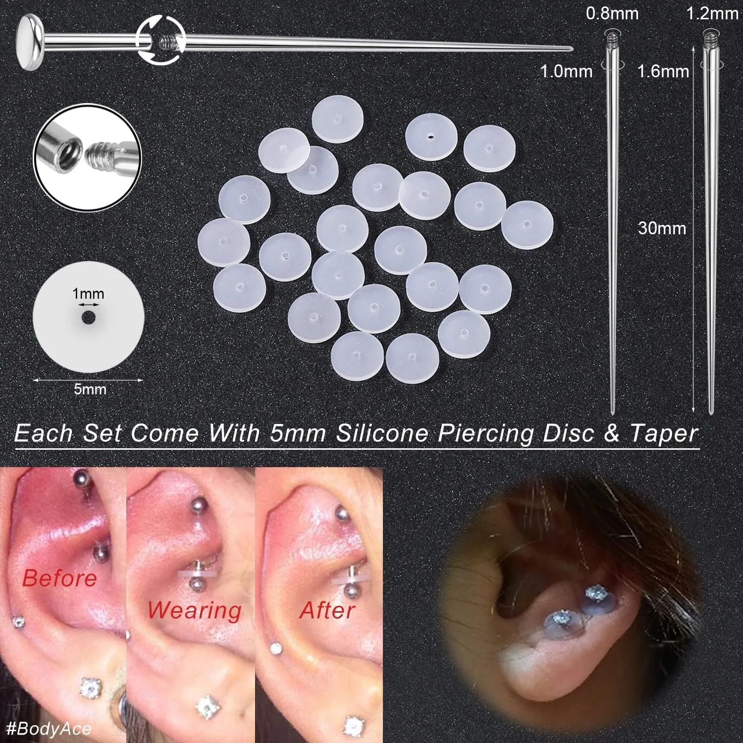 BodyAce 16G 18G Lip Studs Labret Ring, Nostril Stud Nose Rings for Women, Stainless Steel Medusa Helix Tragus Piercing Jewelry with Piercing Taper & Discs