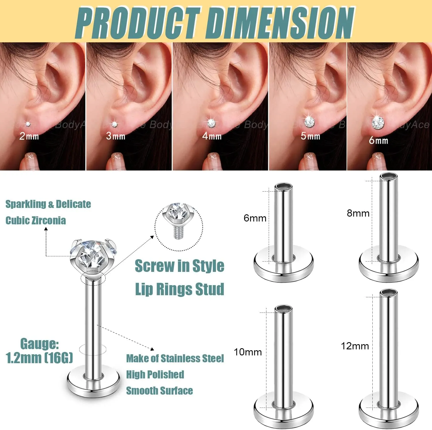 BodyAce 16G 18G Lip Studs Labret Ring, Nostril Stud Nose Rings for Women, Stainless Steel Medusa Helix Tragus Piercing Jewelry with Piercing Taper & Discs