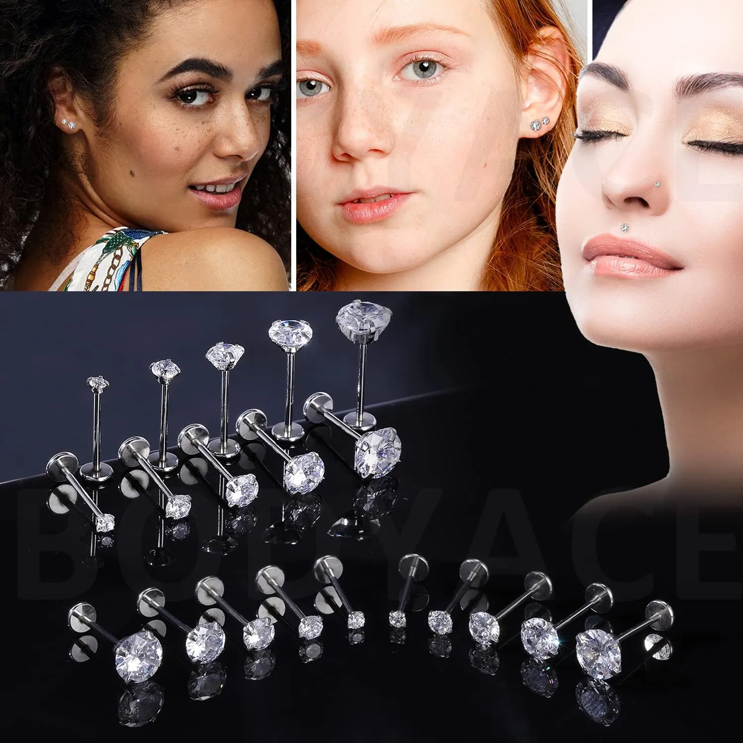 BodyAce 16G 18G Lip Studs Labret Ring, Nostril Stud Nose Rings for Women, Stainless Steel Medusa Helix Tragus Piercing Jewelry with Piercing Taper & Discs