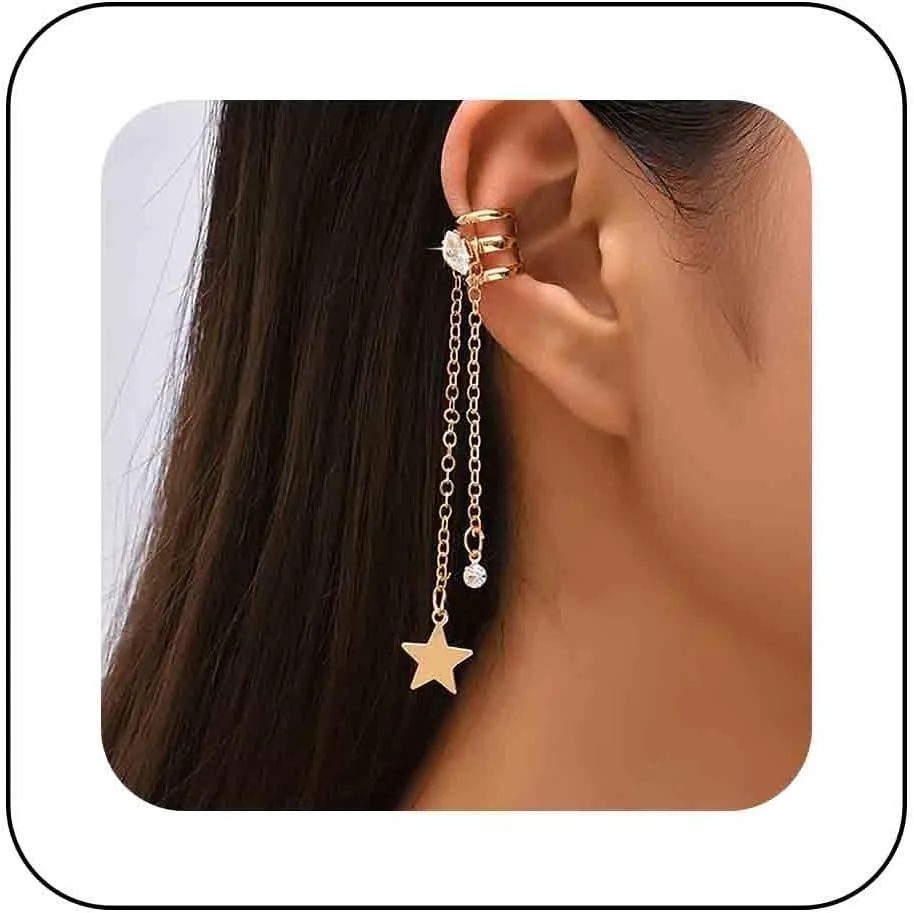 Bohemia Star Tassel Cuff Earrings Gold Chain Drop Ear Wrap Earrings Crystal Dangle Wrap Cuff Earrings No Piercing Earrings Jewelry for Women