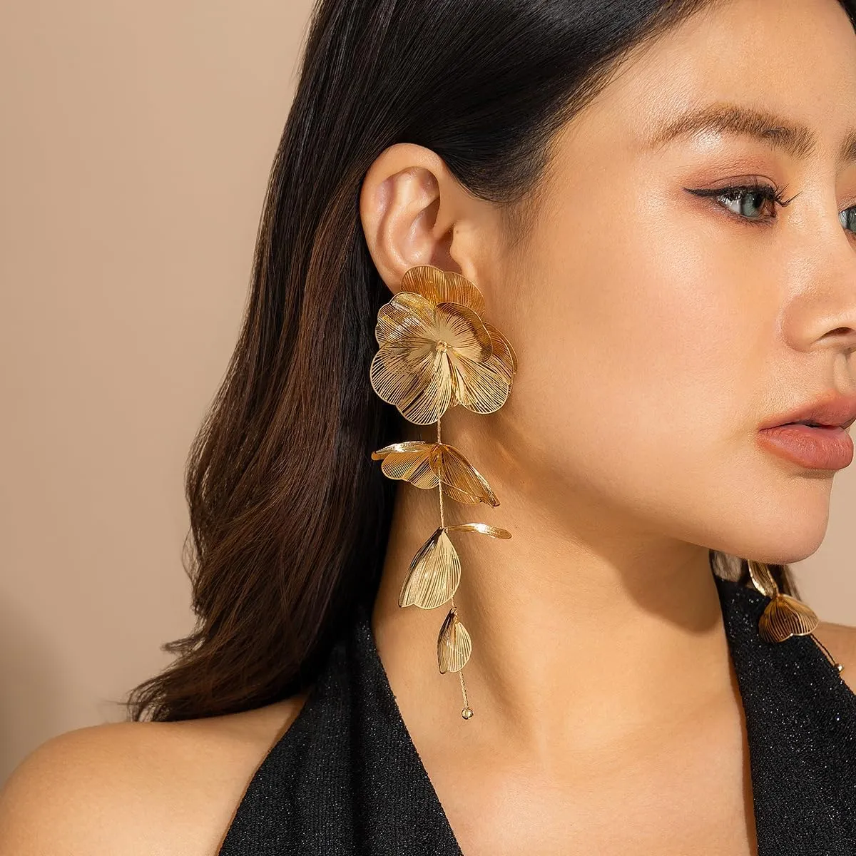 Bohemian Big Flower Dangle Earrings - Fabric Floral Design for Women