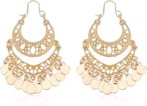 Bohemian Chandelier Drop Dangle Earrings Disc Dangle Hoop Earrings Gold Alloy Filigree Earrings Vintage Gypsy Boho Chandelier Earrings Chandelier Statement Earrings for Women with Box