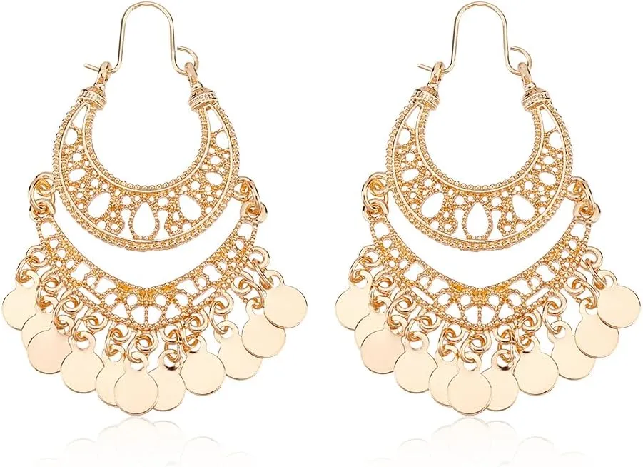 Bohemian Chandelier Drop Dangle Earrings Disc Dangle Hoop Earrings Gold Alloy Filigree Earrings Vintage Gypsy Boho Chandelier Earrings Chandelier Statement Earrings for Women with Box