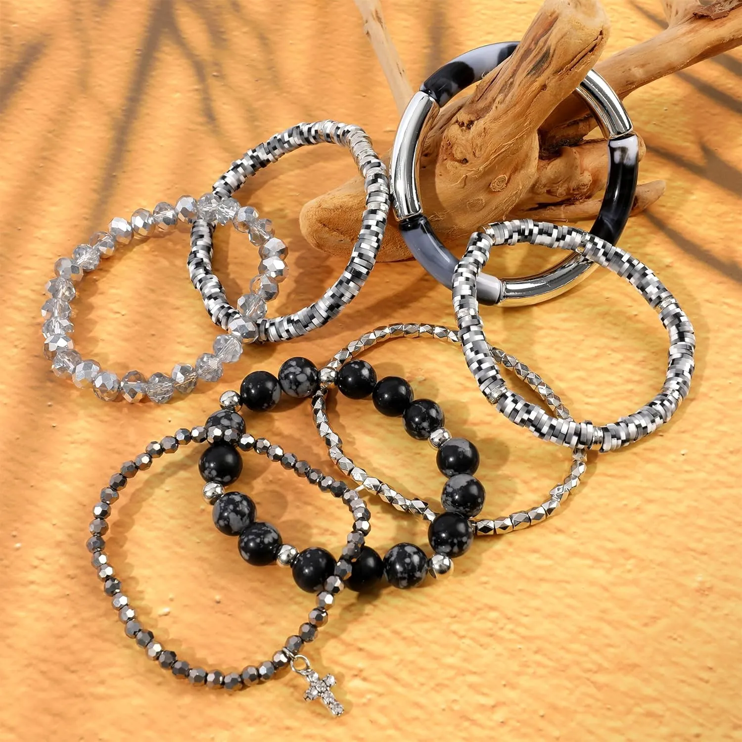 Bohemian Natural Stone Beaded Bracelets for Women Men Stackable Stretch Beads Bracelet Set with Charm and Tassel Multilayered Elastic Gemstone Bracelets Summer Beach Boho Jewelry Gift for Women
