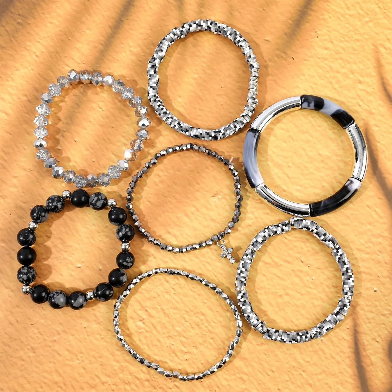 Bohemian Natural Stone Beaded Bracelets for Women Men Stackable Stretch Beads Bracelet Set with Charm and Tassel Multilayered Elastic Gemstone Bracelets Summer Beach Boho Jewelry Gift for Women