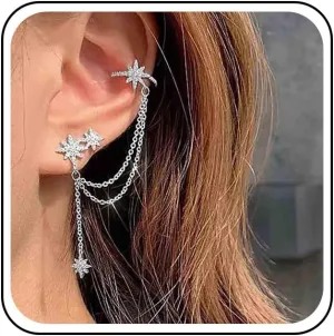 Boho Crystal Star Cuff Chain Earrings Silver Cz Northstar Wrap Chain Earrings Rhinestone Star Cartilage Chain Earrings Cz Chain Tassel Dangle Earrings Long Chain Drop Earrings Jewelry for Women
