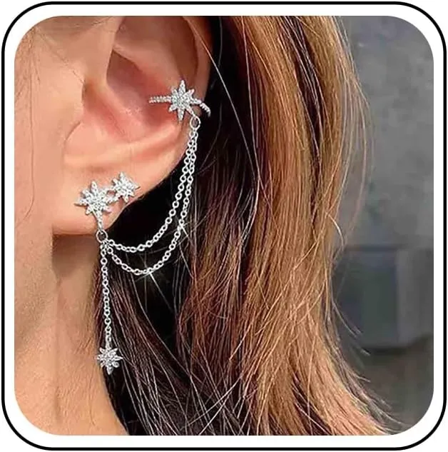 Boho Crystal Star Cuff Chain Earrings Silver Cz Northstar Wrap Chain Earrings Rhinestone Star Cartilage Chain Earrings Cz Chain Tassel Dangle Earrings Long Chain Drop Earrings Jewelry for Women