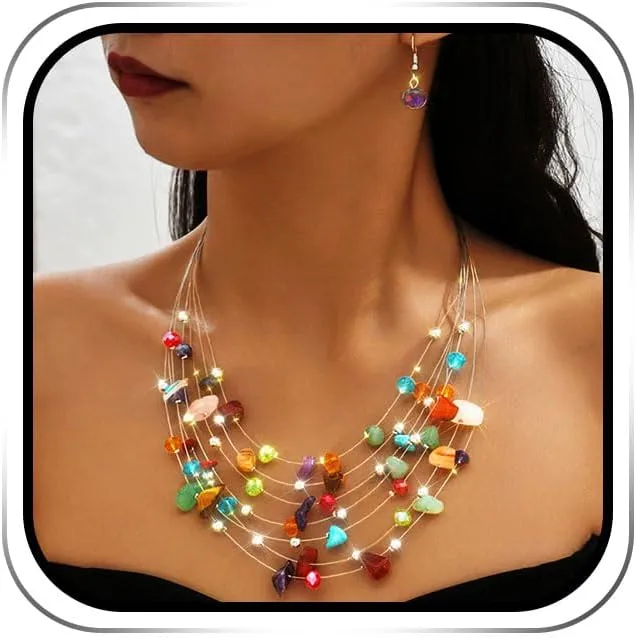 Boho Jewelry Set Colorful Necklace Earrings Set Layered Beaded Necklaces for Women