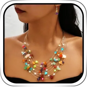 Boho Jewelry Set Colorful Necklace Earrings Set Layered Beaded Necklaces for Women