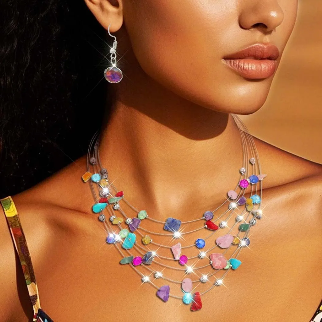 Boho Jewelry Set Colorful Necklace Earrings Set Layered Beaded Necklaces for Women