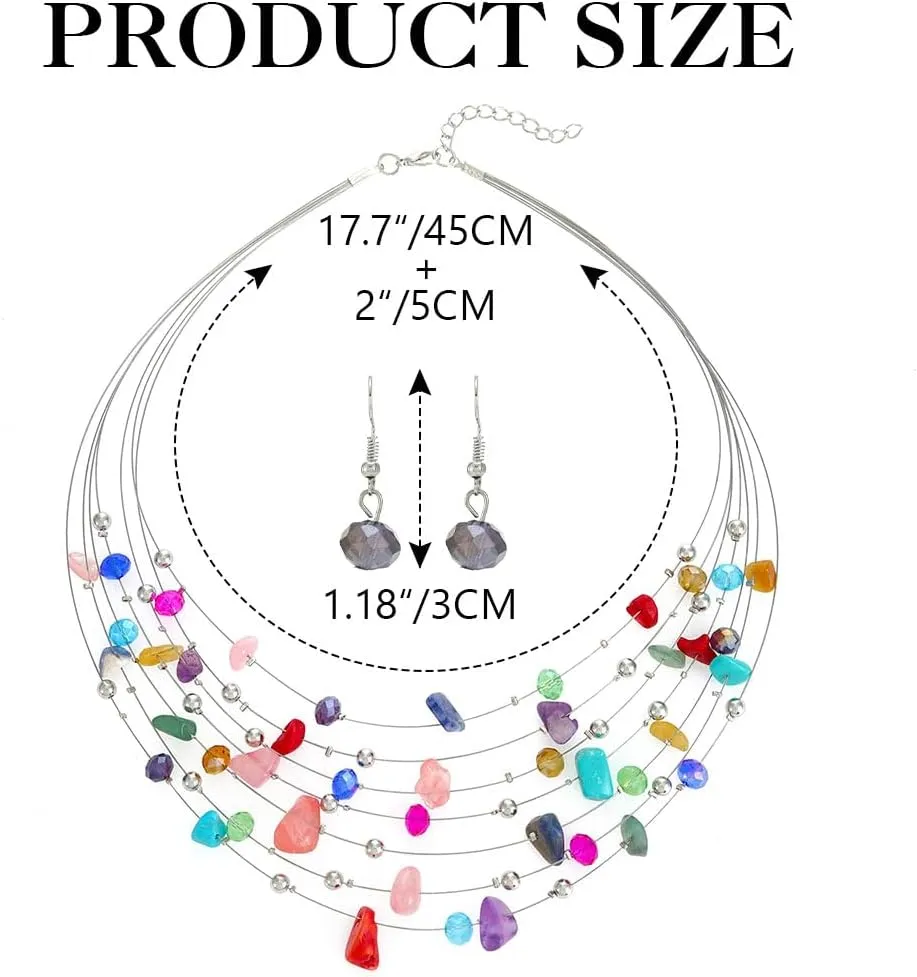 Boho Jewelry Set Colorful Necklace Earrings Set Layered Beaded Necklaces for Women