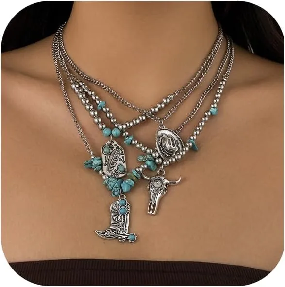 Boho Multi Layered Necklaces for Women - Western Cowgirl & Cowboy Hat Boots Accessories