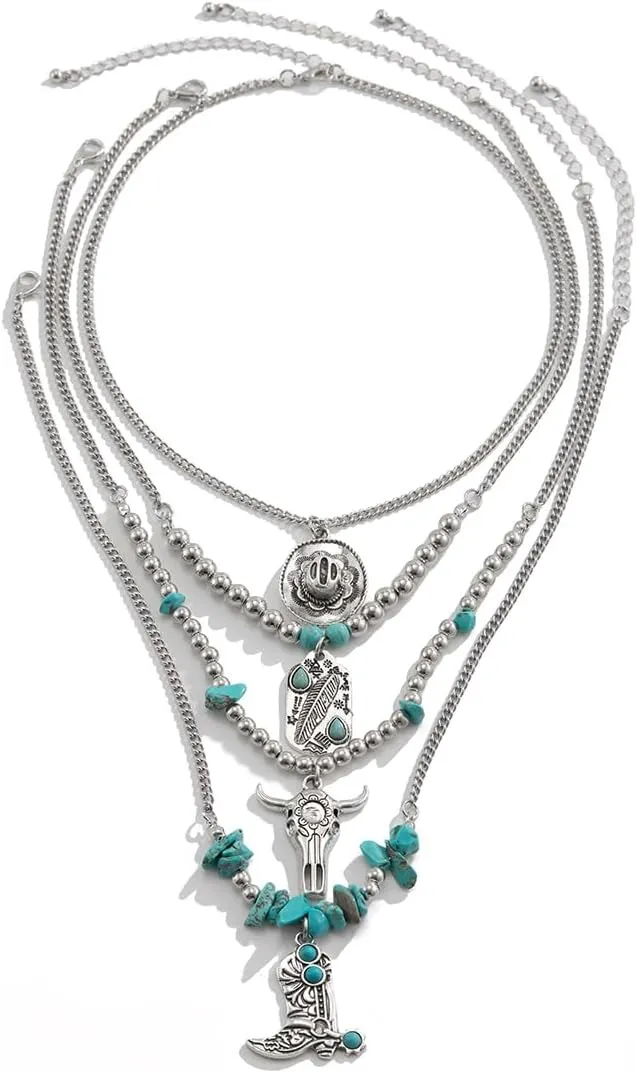 Boho Multi Layered Necklaces for Women - Western Cowgirl & Cowboy Hat Boots Accessories
